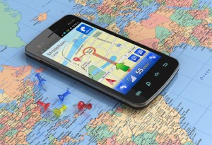 Touchscreen smartphone with GPS navigation on world map