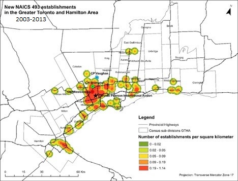 GTHA map showing areas of new warehousing 2003-2013