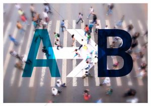 aerial photo of pedestrians crossing with letter A, right arrow, letter B