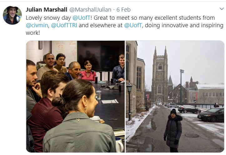 Tweet from Julian Marshall of his visit to Toronto